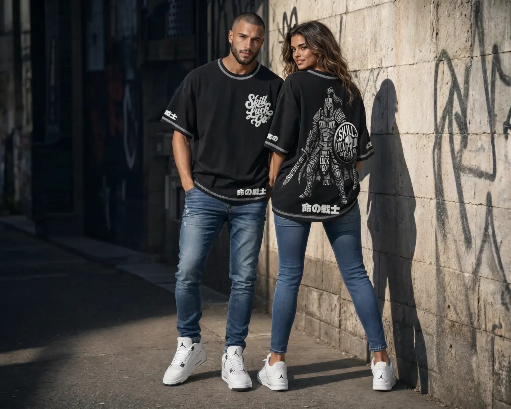 A male and female model standing in a gritty urban setting, both wearing premium heavyweight black streetwear t-shirts from the Skill Luck Go® brand. The man, wearing the front design, features the Skill Luck Go® logo, while the woman, standing with her back to the camera, showcases the intricate "Warrior" graphic design on the back, featuring Japanese text and the Skill Luck Go® branding. Both models are styled in boxy, oversized-fit tees with drop shoulders, paired with blue jeans and white sneakers.