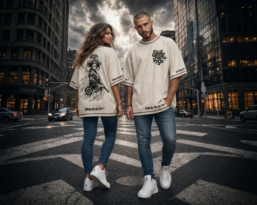 A male and female model standing in a modern, vibrant urban street setting at twilight, both wearing premium heavyweight off-white streetwear t-shirts from the Skill Luck Go® brand. The man, facing forward, displays the Skill Luck Go® chest branding, while the woman, positioned with her back to the camera, showcases an intricate graphic featuring a Japanese-inspired warrior figure and Skill Luck Go® branding. Both models are styled in the brand's signature boxy, oversized-fit tees with drop shoulders, paired with blue jeans and white sneakers.